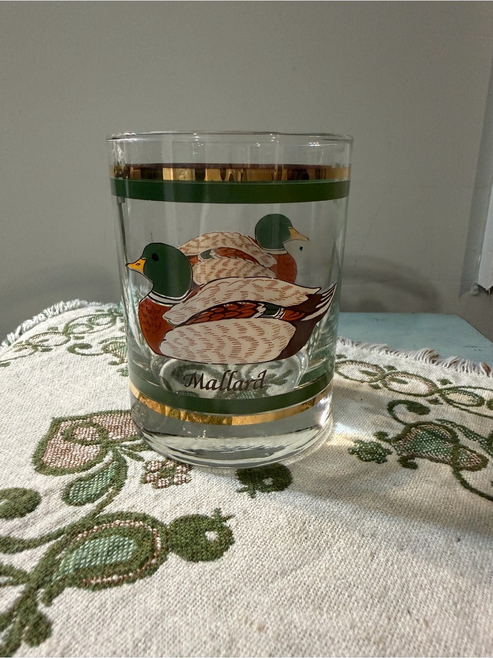 Mallard Glass Tumbler with Green and Gold Accents